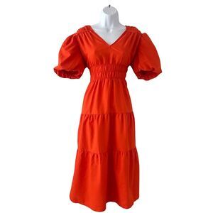 Stule House Women's Orange V-Neck Puff Sleeve Tiered Maxi Dress L